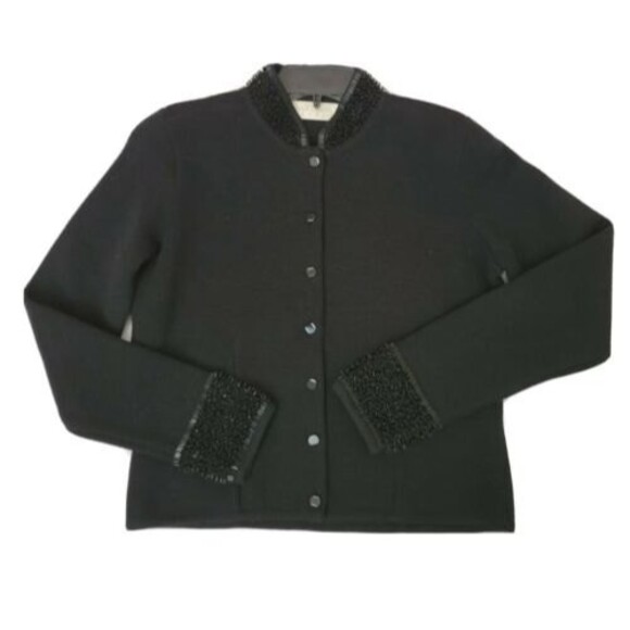 Dana Buchman wool Cardigan Sweater SZ Small black collar and sleeve Beading - Picture 4 of 12